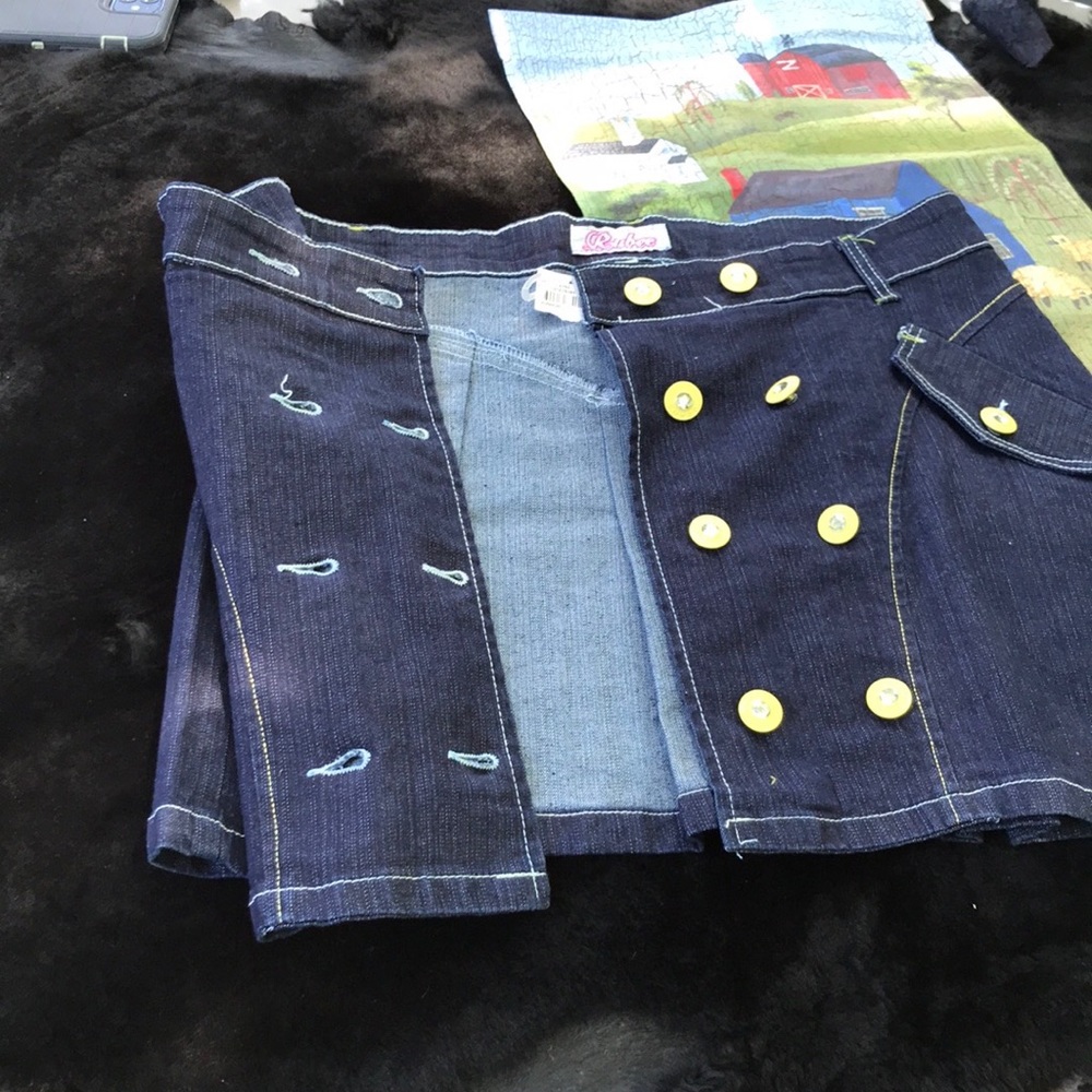 NWT Rubee Yellow Double Button Dark Denim Blue Jean Mini Pencil Skirt Juniors 11